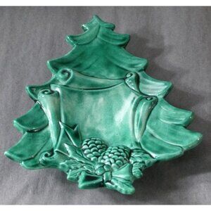 Small handmade Christmas Tree green ceramic dish decoration approx 6 x 6.5"